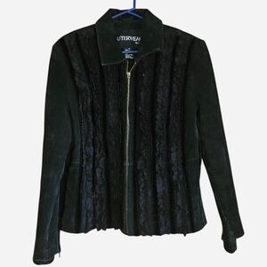 Outerwear By Lisa Vintage Suede Leather Jacket Velvet Lace Trim Size Large